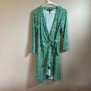 BCBG wrap dress, green & white, mid length, almost new